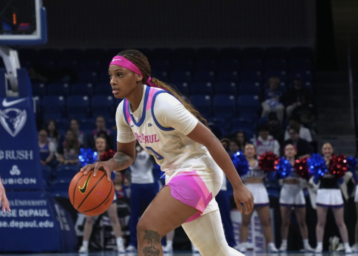 Taylor Johnson-Matthews dribbles the ball during DePaul’s game against Villanova on Wednesday, Feb. 12, 2025. DePaul is currently on a two game losing streak.